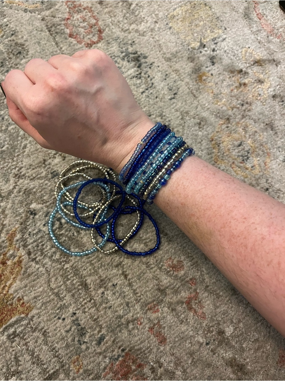 Blue Beaded Stretch Bracelet Stack - Women Jewelry -18 total